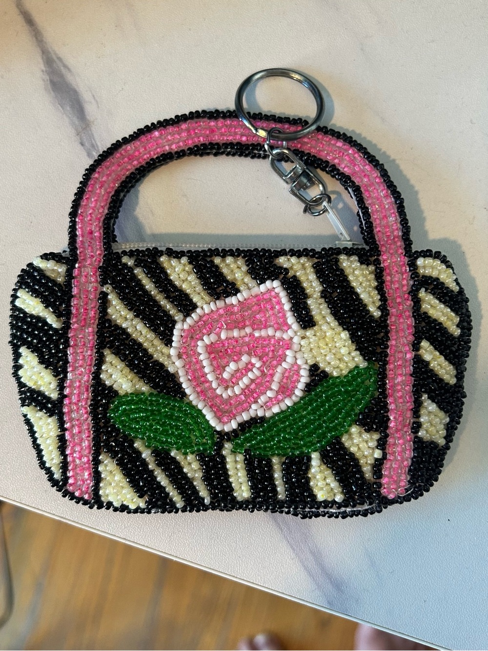 Vintage zebra print with flower Beaded Mini Handbag Keychain